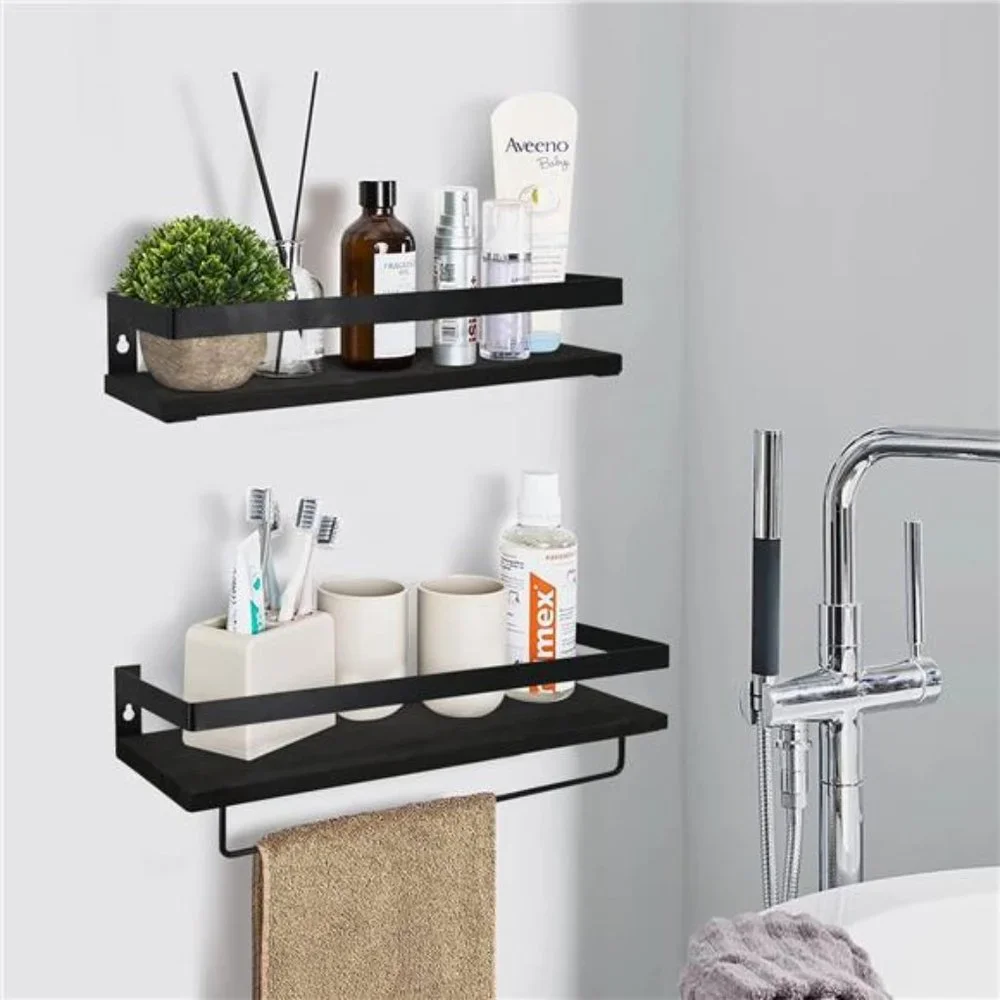 Bathroom Storage Shelf Wall Mounted Set of 2 with Removable Towel Bar (Black)